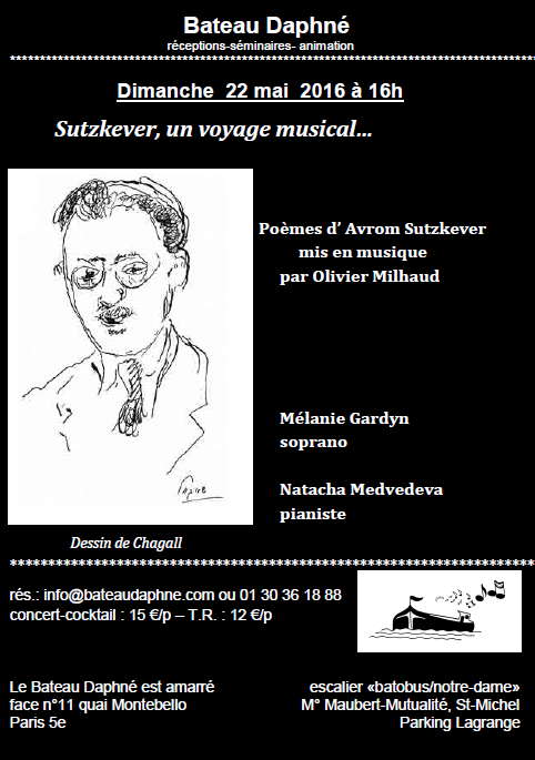 Affiche. Sutzkever, un voyage musical. Mélanie Gardyn (soprano) et Natacha Medvedeva (piano). 2016-05-22
